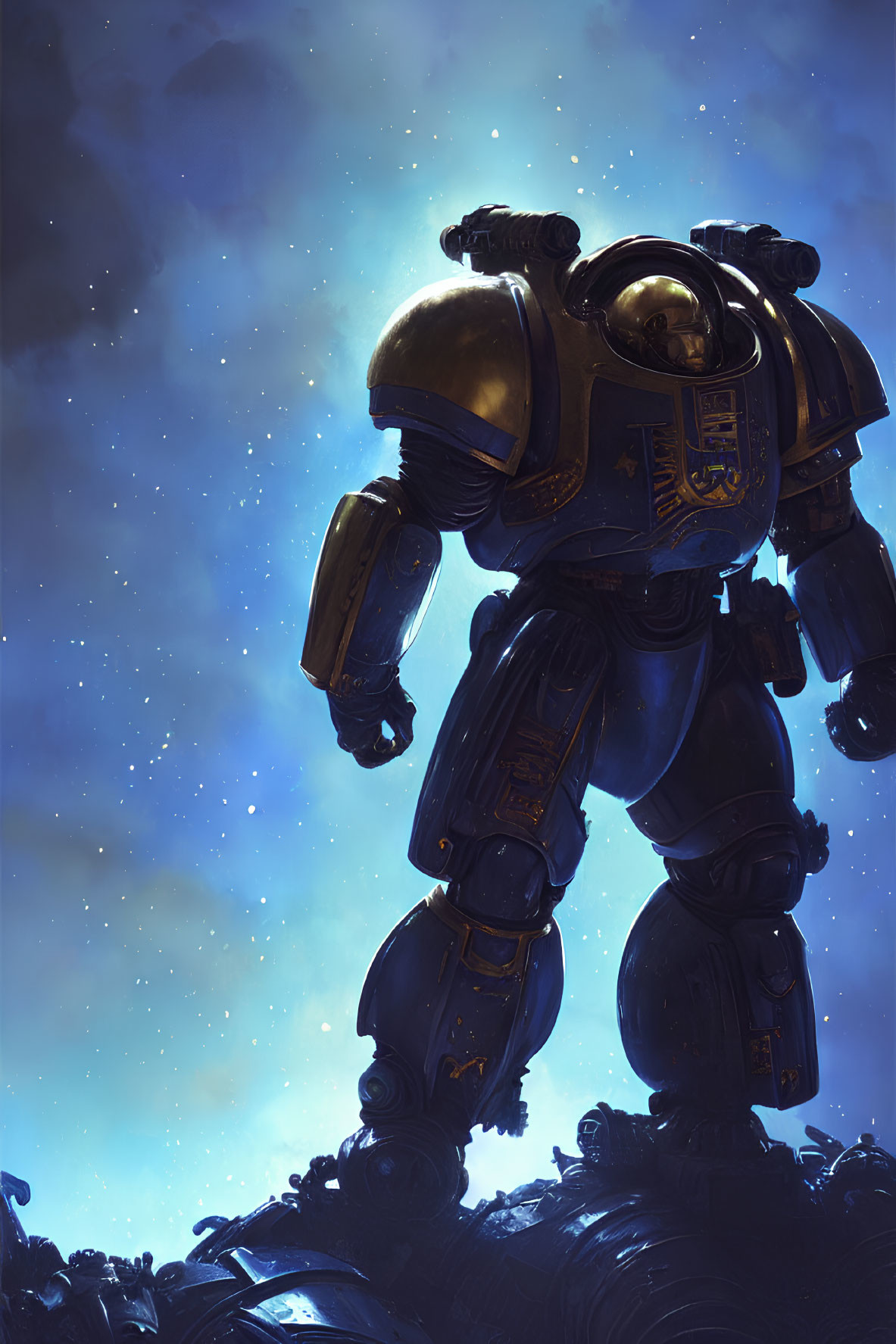 Towering Robotic Figure in Blue and Gold Armor Against Starry Sky