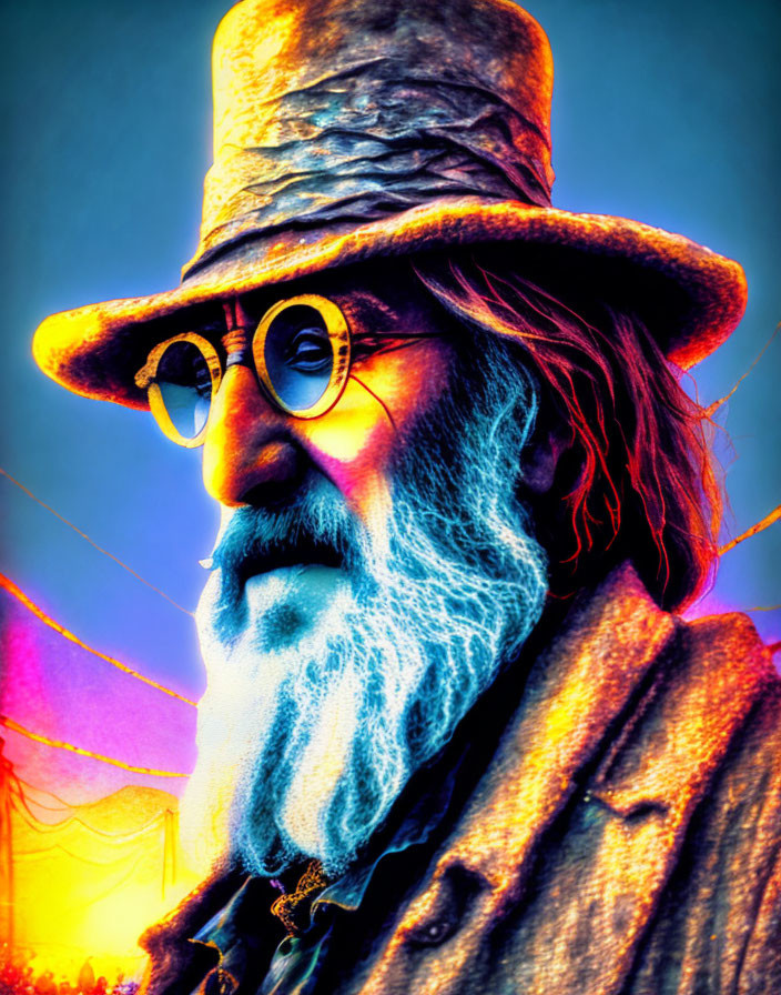 Colorful portrait of a man with long white beard, round glasses, and tall hat