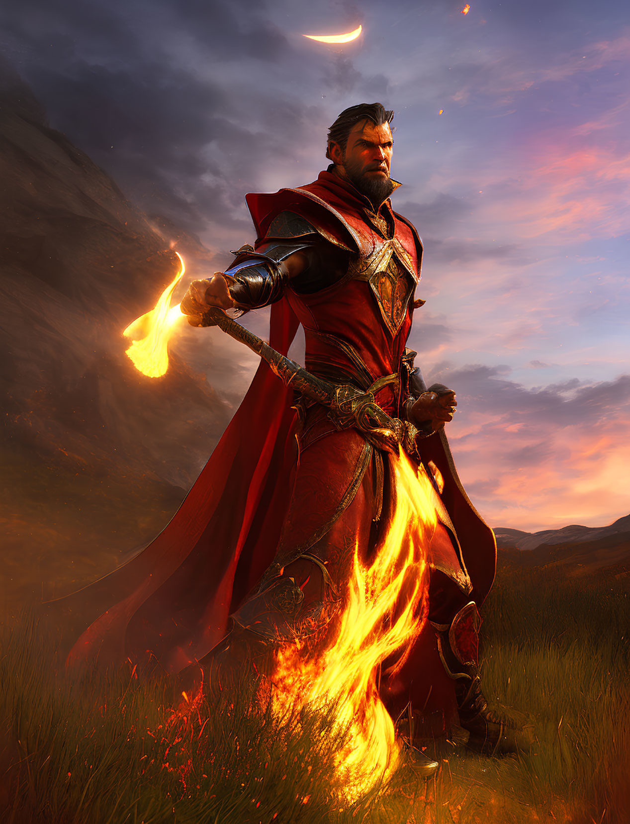 Regal figure in red cape and armor with flaming sword at dusk