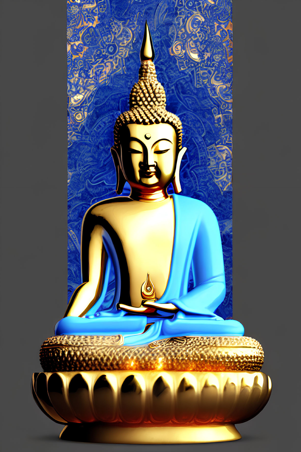 Golden Buddha Statue Seated in Lotus Position on Blue Background