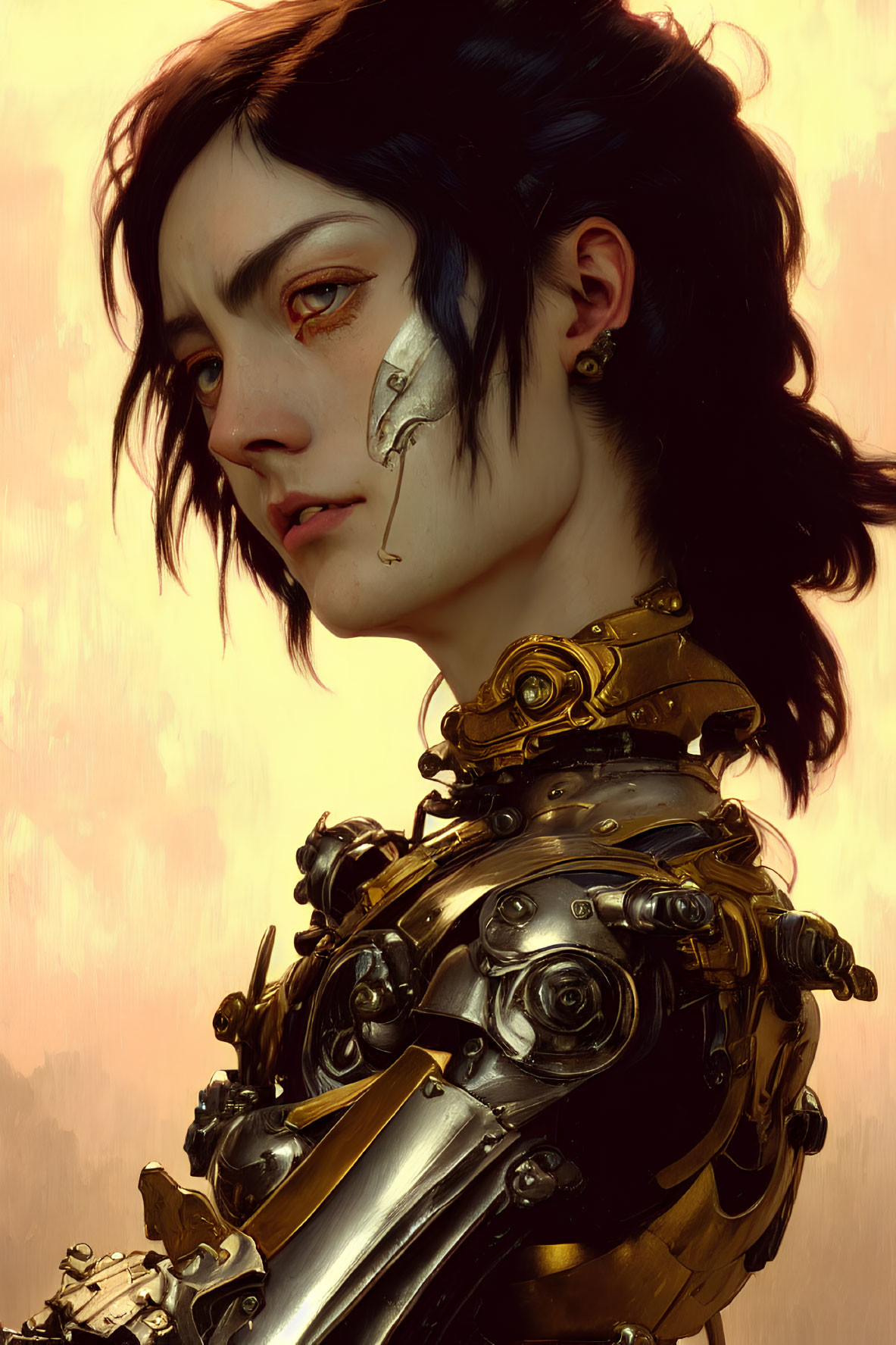 Digital artwork of female figure with dark hair and cybernetic body showcasing intricate mechanical details.