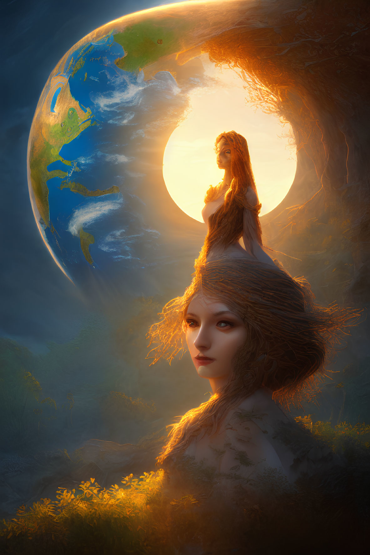 Fantastical Artwork: Entwined Female Figures with Earth and Sun Background