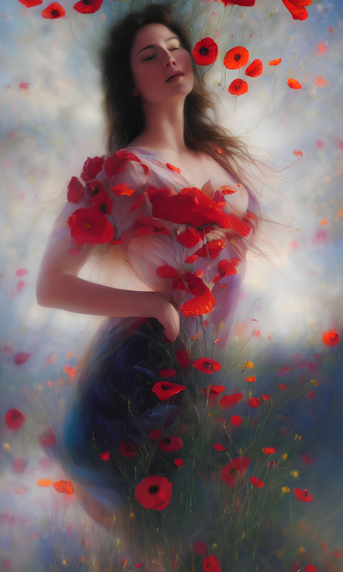 Serene woman portrait with floating red poppies in dreamy setting