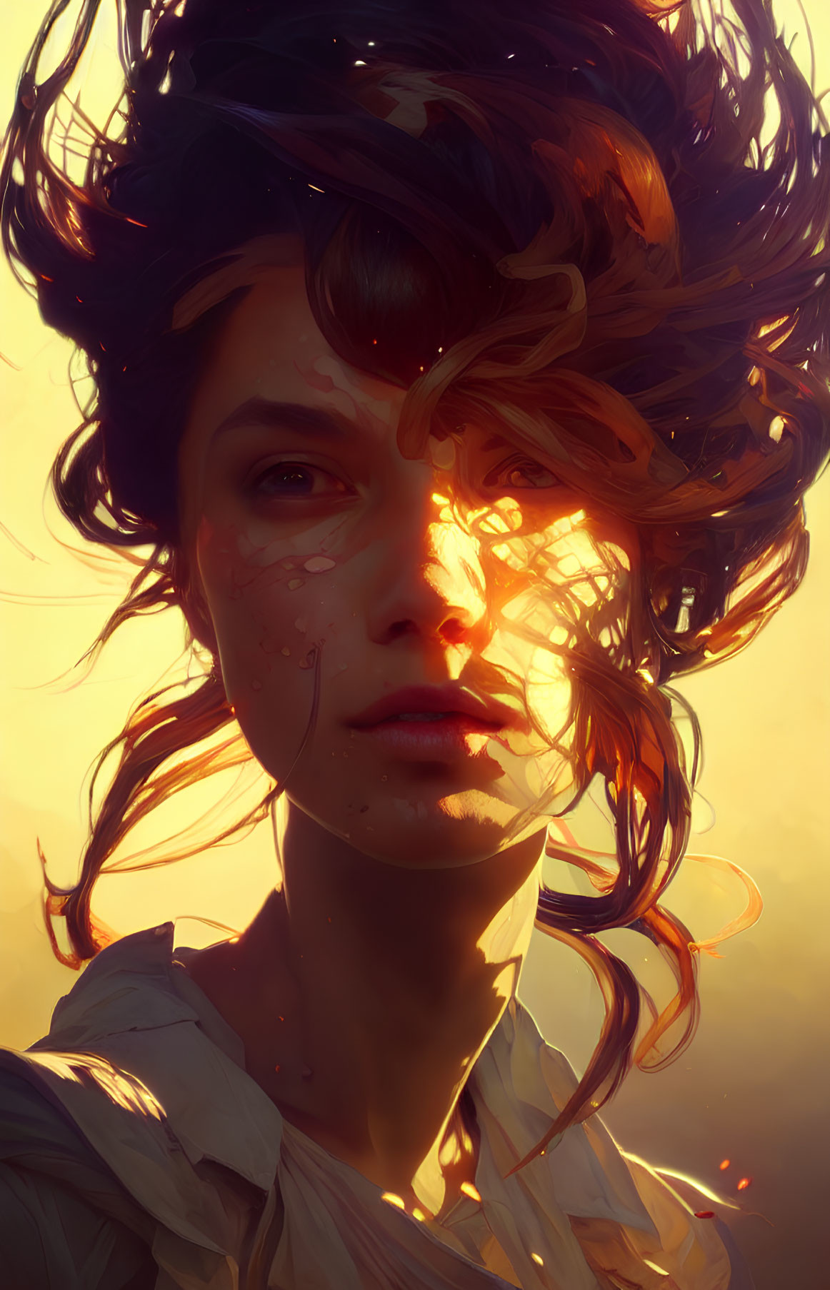 Dynamic hair portrait in warm sunlight with movement and drama