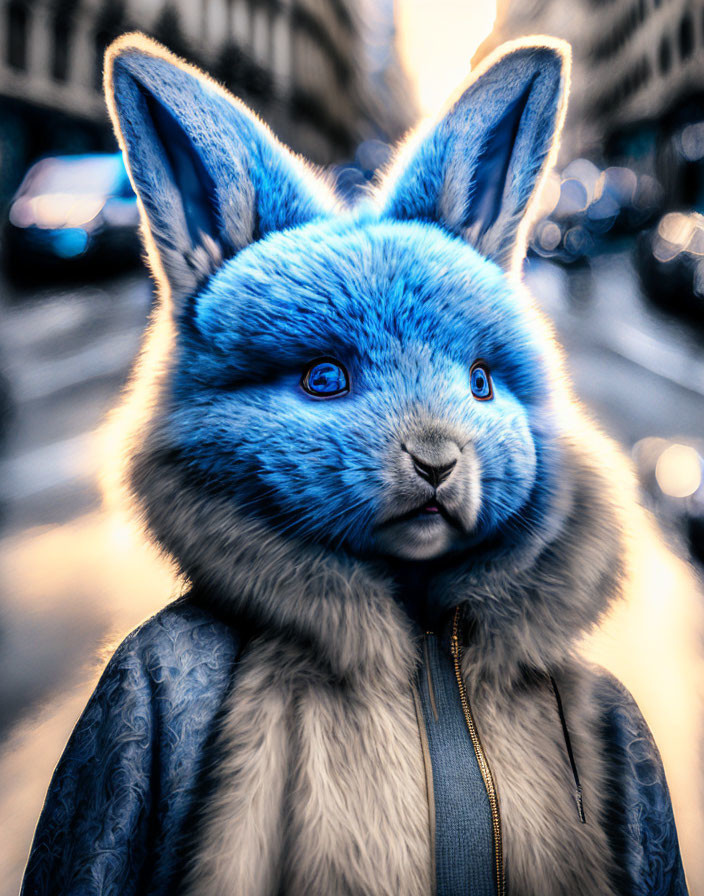 Surreal image: person with blue rabbit head against city street background