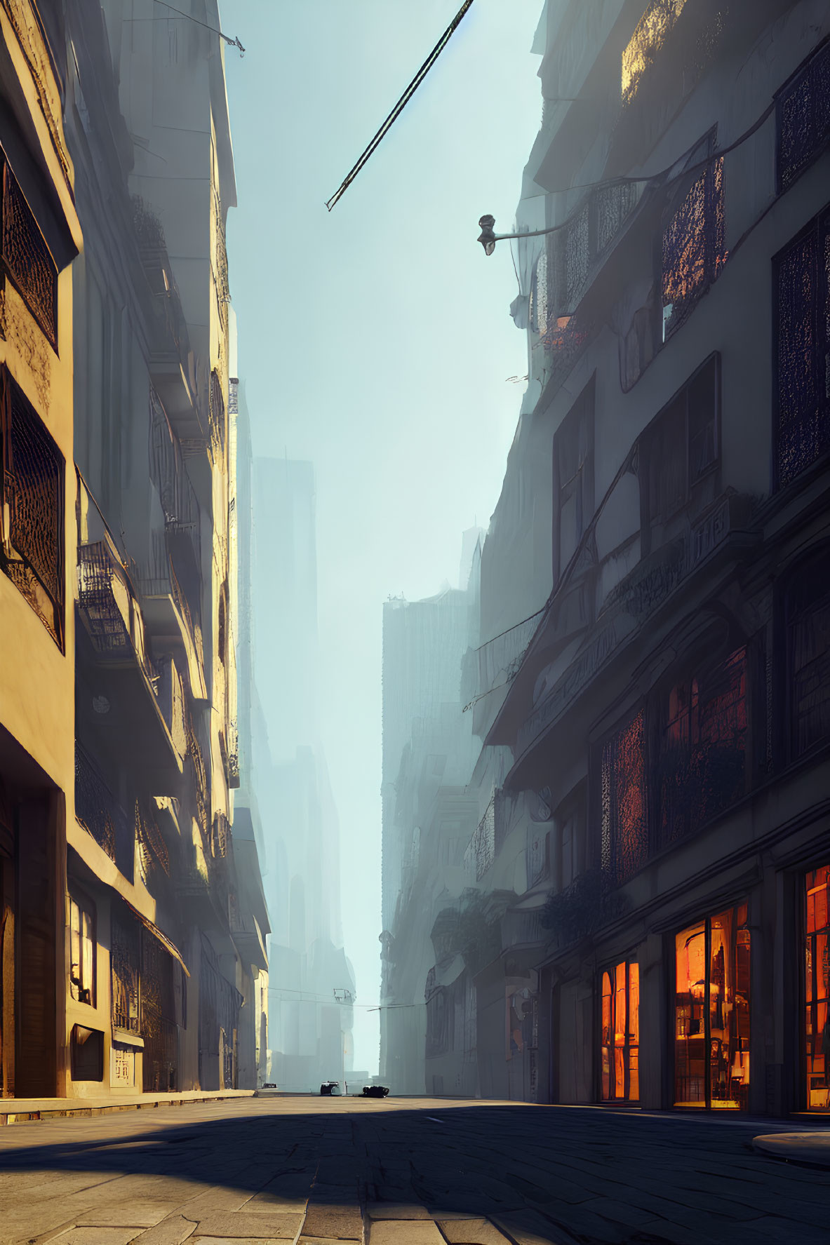 Deserted urban street at sunrise or sunset with warm light, tall buildings, and hazy atmosphere