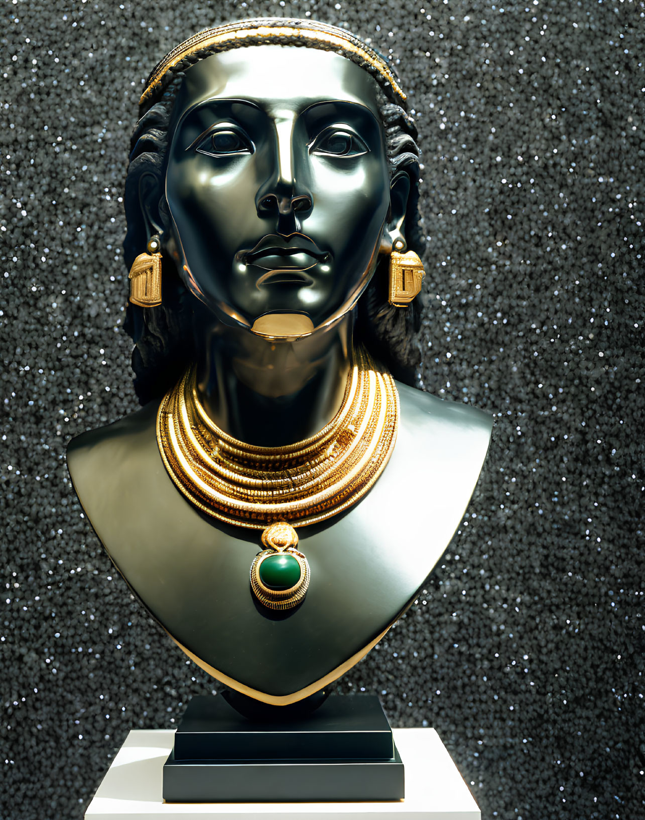 Shiny black bust with gold jewelry on glittery background