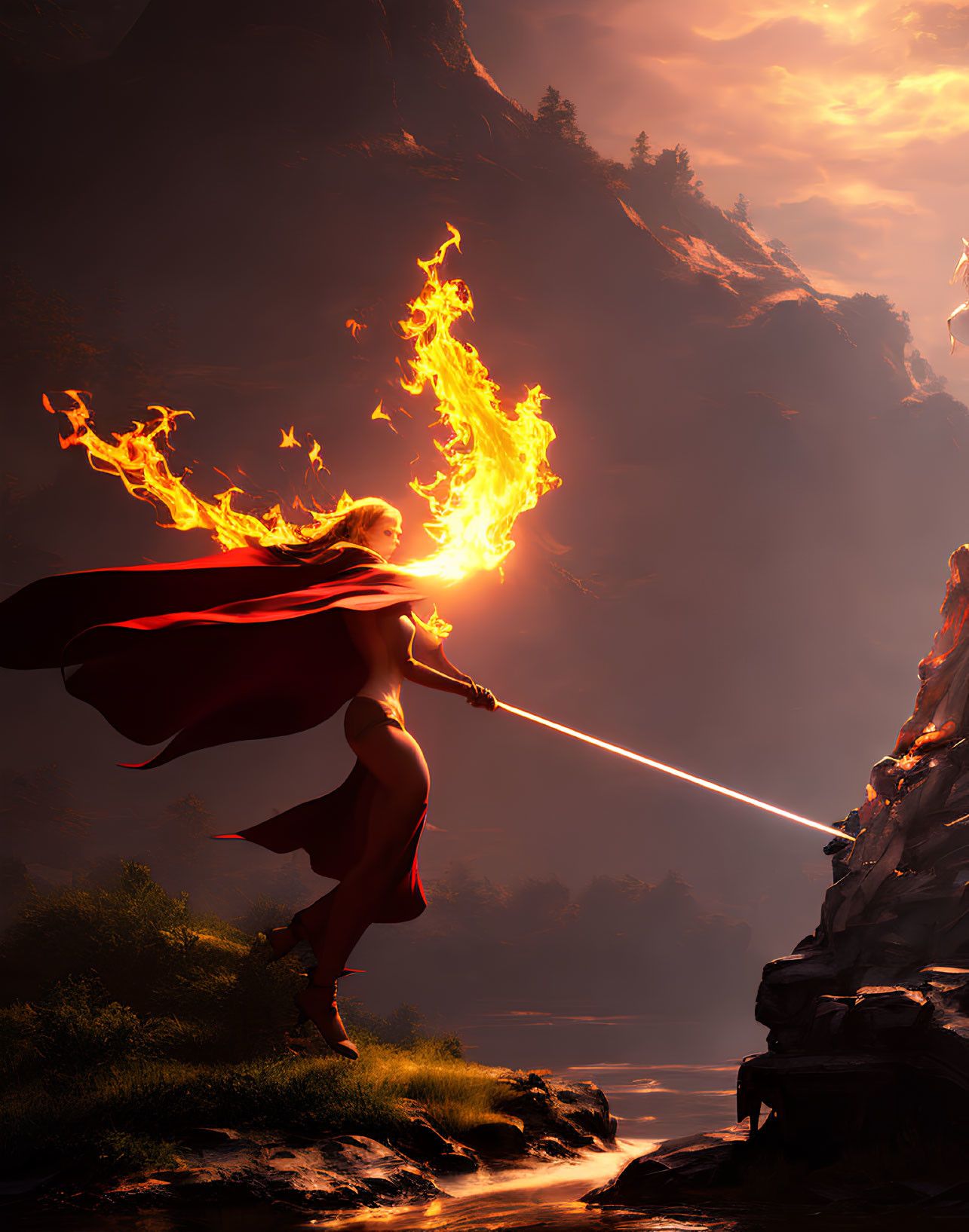 Fiery-haired figure with radiant spear on rocky outcrop at sunset