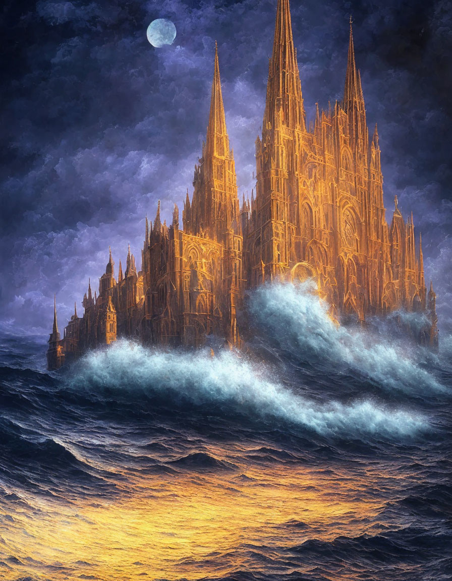 Gothic cathedral in the middle of a raging ocean