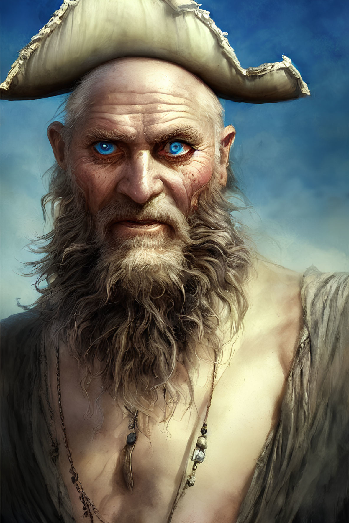 Elderly man with blue eyes in pirate attire on blue background