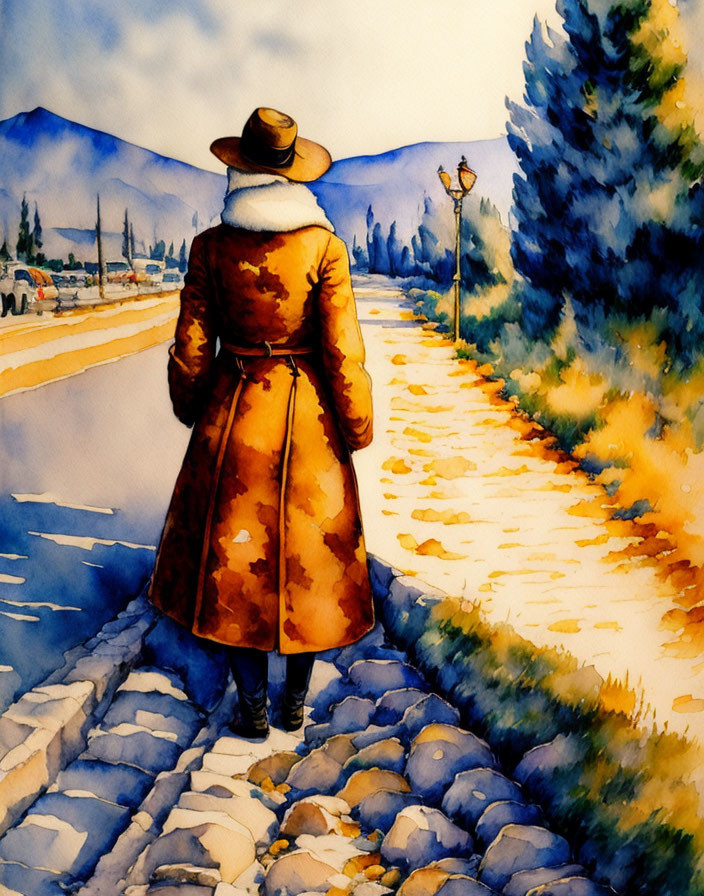 Person in Tan Coat and Hat on Cobblestone Path Admiring Scenic Landscape