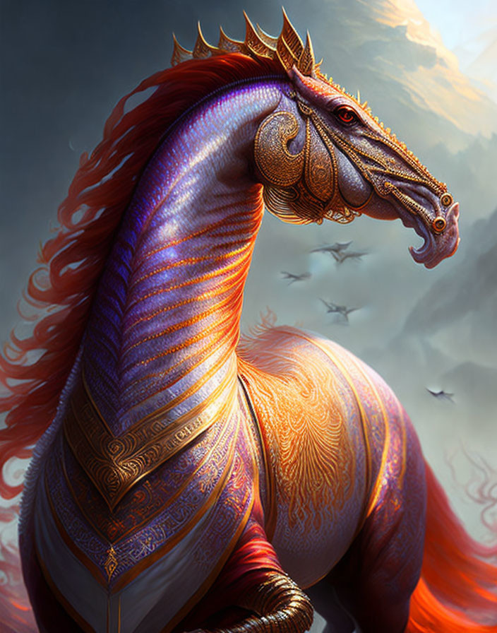 Vibrant fantasy horse with violet, orange hues, golden details, red mane
