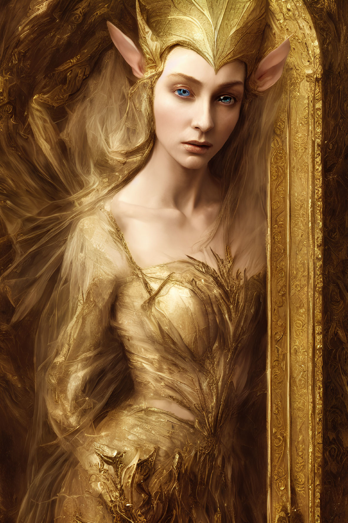 Golden attire and headpiece on ethereal being with pointed ears and deep blue eyes - royal fantasy elf