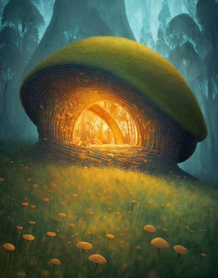 Illustration of glowing mushroom house in whimsical forest