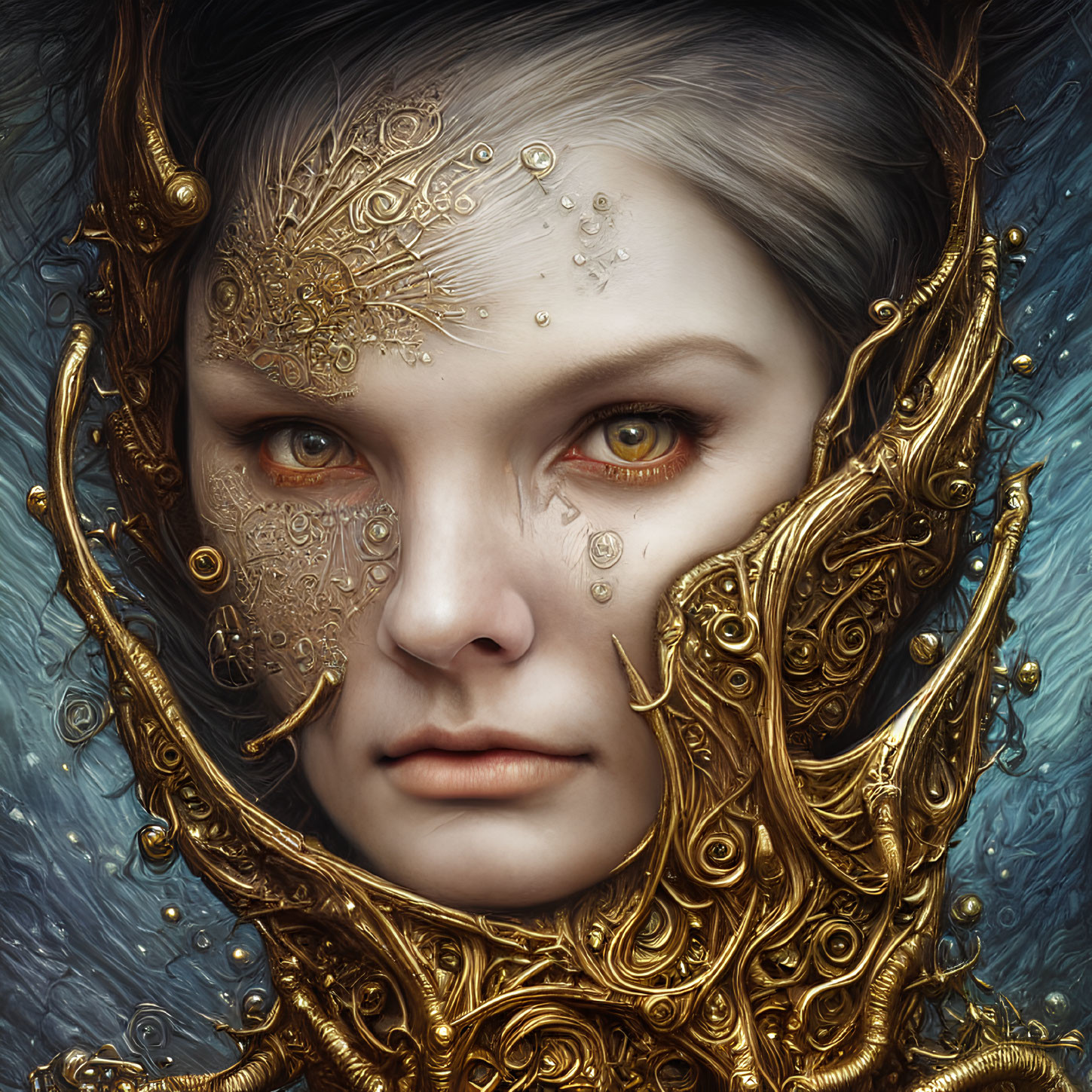 Detailed Gold Filigree Woman Portrait with Intense Eyes