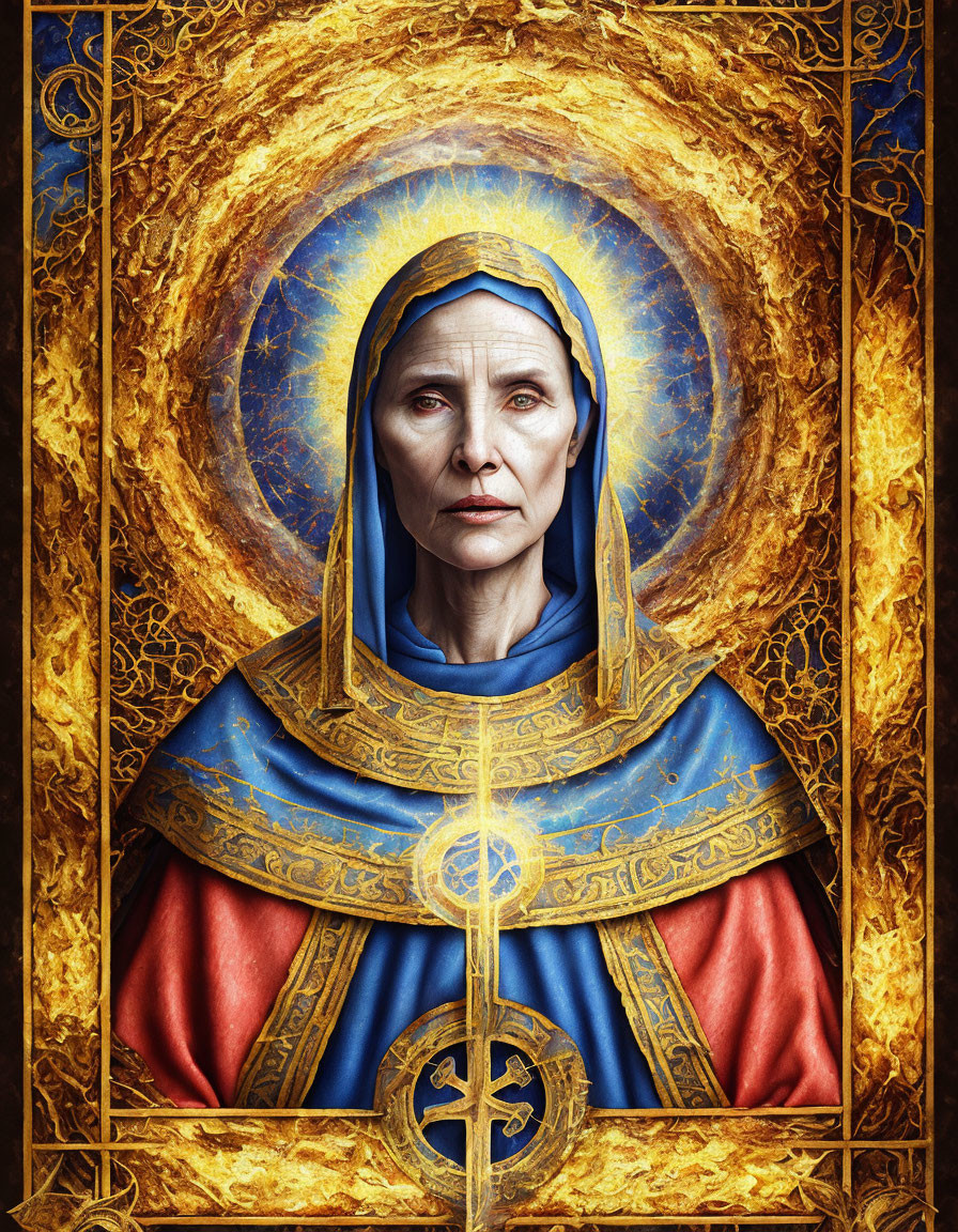 Realistic portrait of woman styled as saint with golden halo and ornate frame in blue and red robes