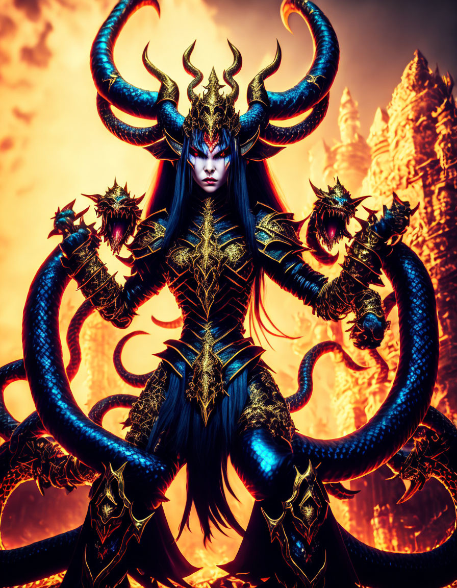 Fantasy illustration of female character with serpentine limbs, ornate armor, and fiery temple backdrop