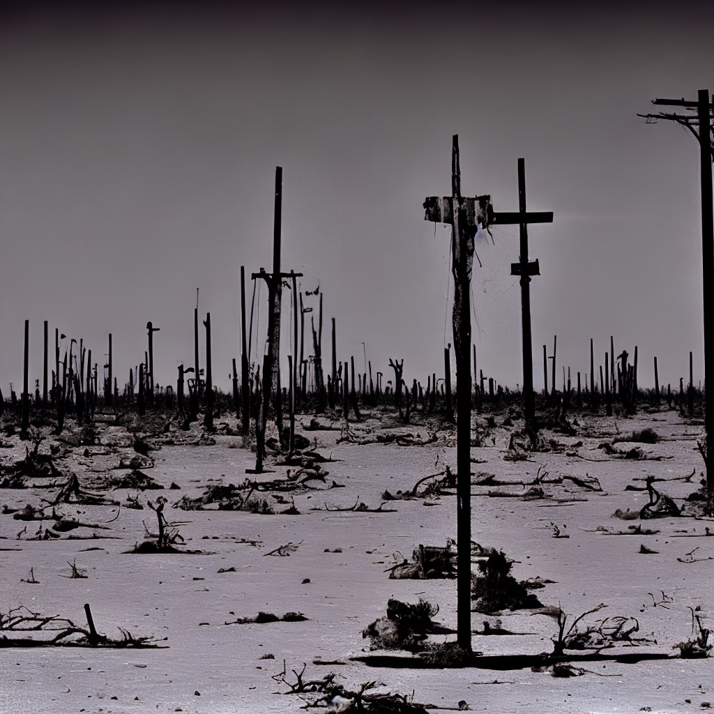 Desolate landscape with dead trees and wooden remnants under a bleak sky