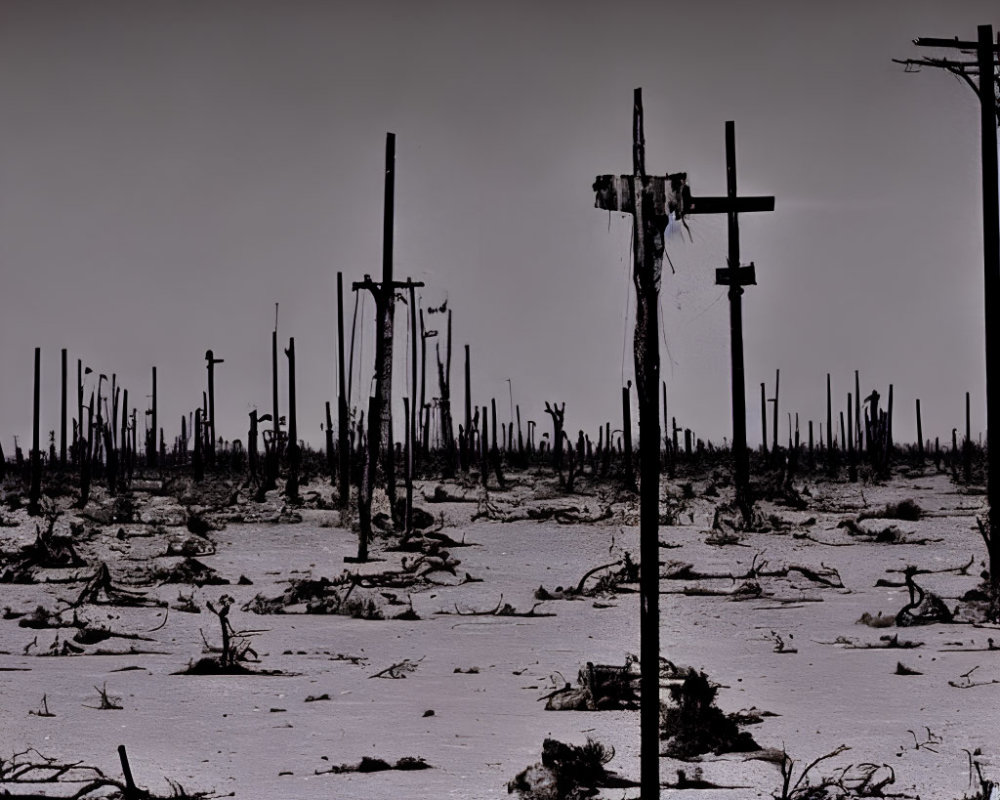 Desolate landscape with dead trees and wooden remnants under a bleak sky