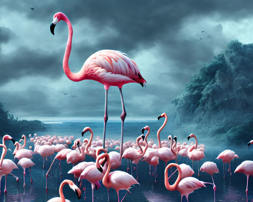Flock of flamingos in water under stormy sky