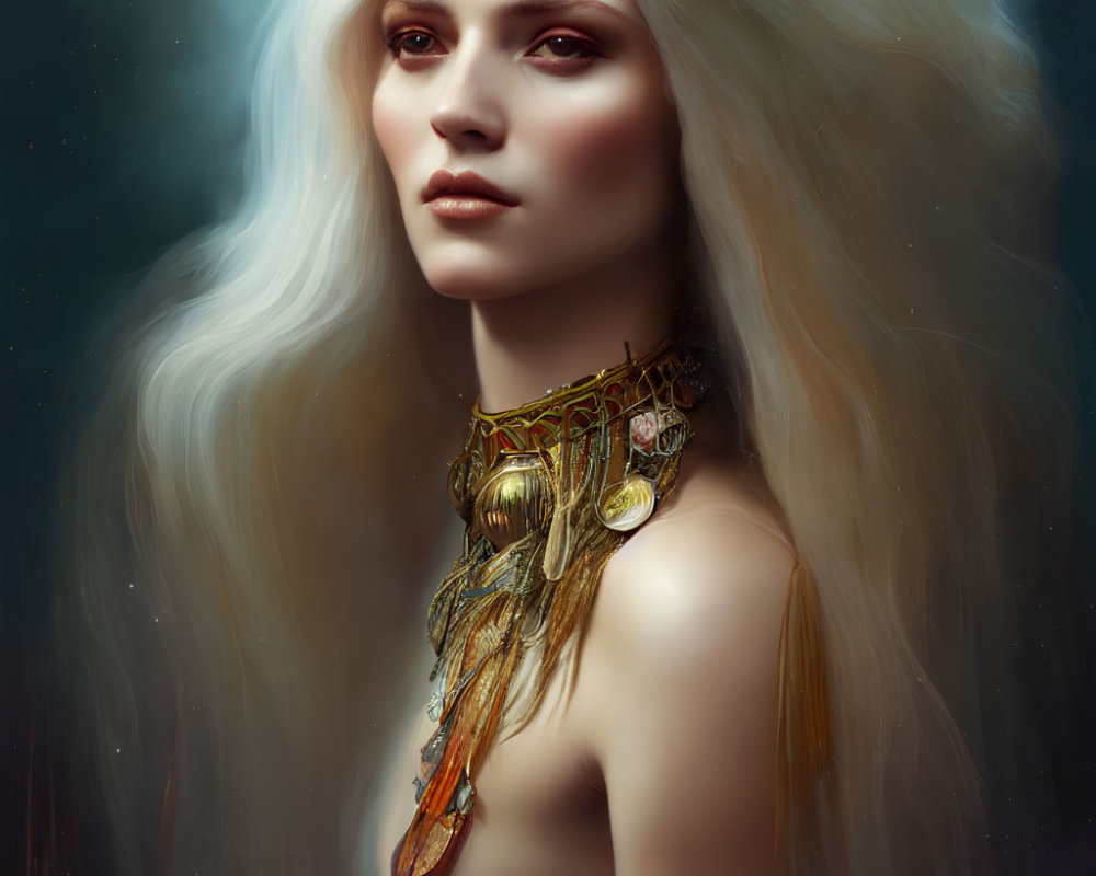 Portrait of woman with long white hair and gold necklace on dark background