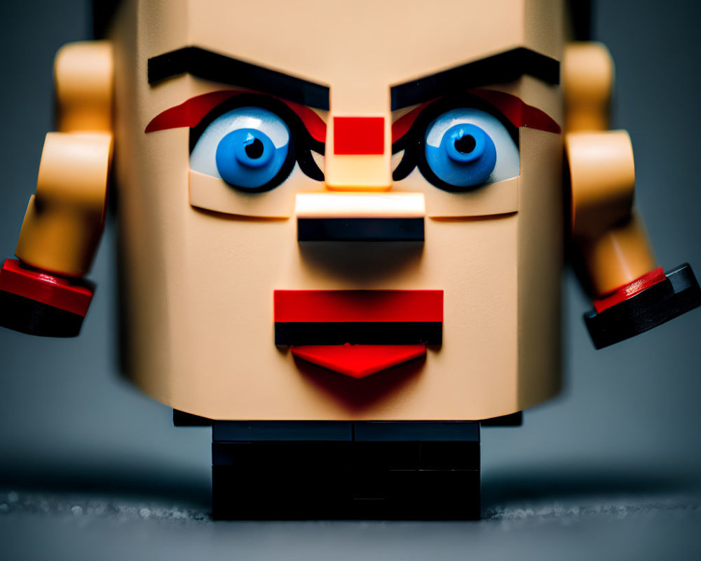 Detailed Lego figure head with stern expression and prominent features.