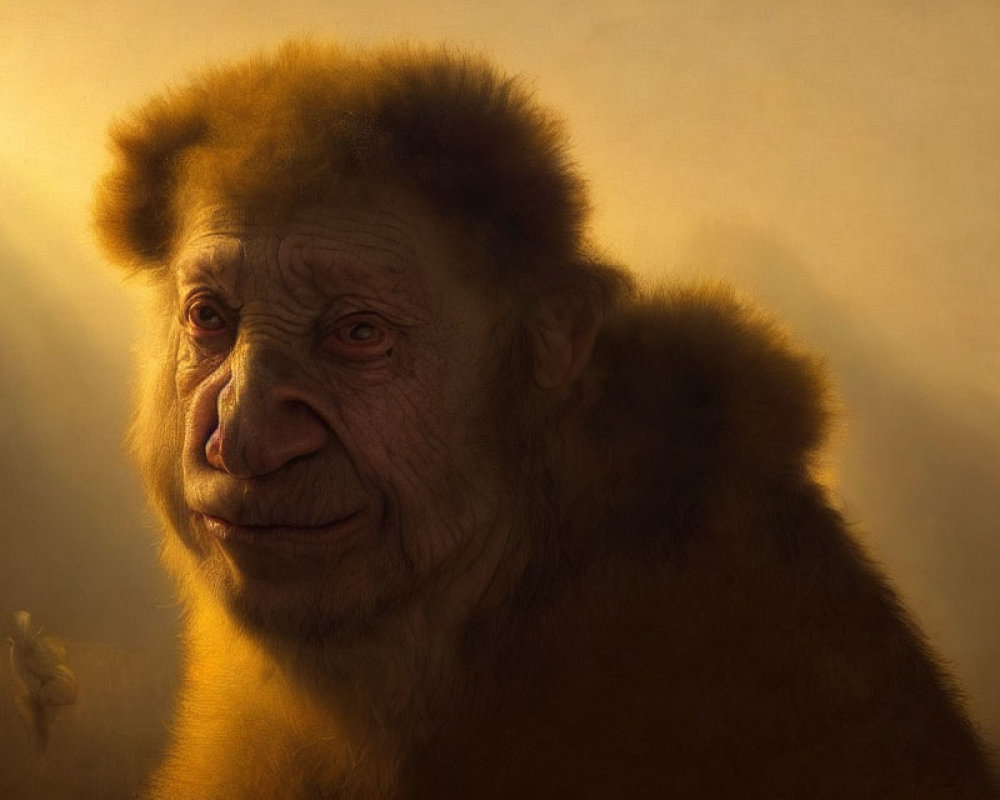 Primate with human-like features in golden light gazing thoughtfully.