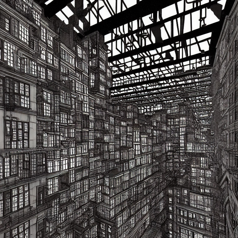 Detailed Monochrome Cityscape Illustration with High-Rise Buildings and Iron Girders