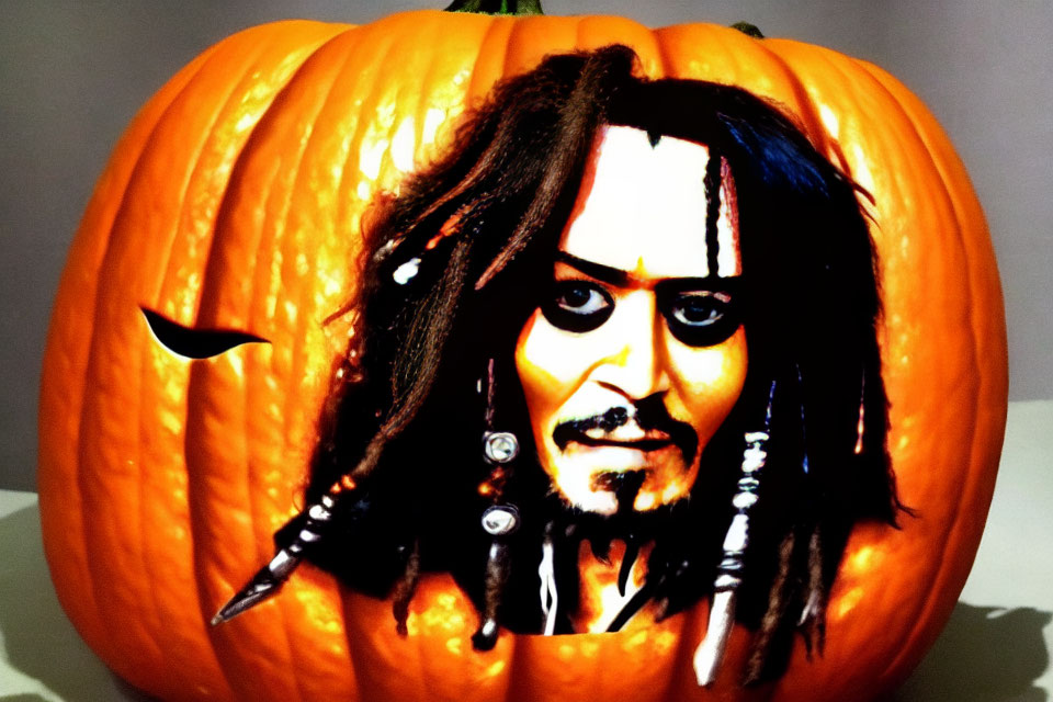 Pumpkin with Pirate Character Carving on Dark Background