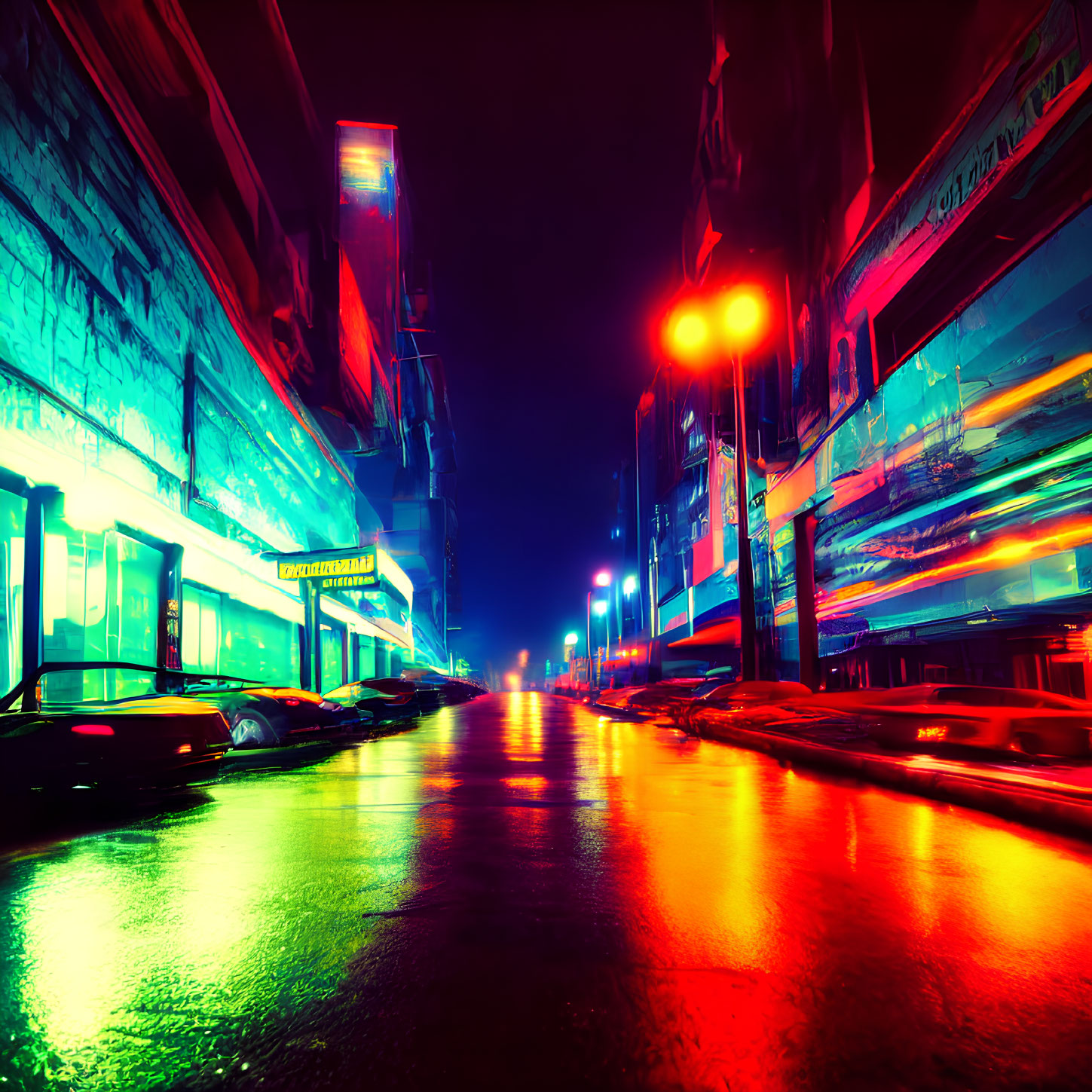 Neon-lit futuristic city street at night with blurred light trails.