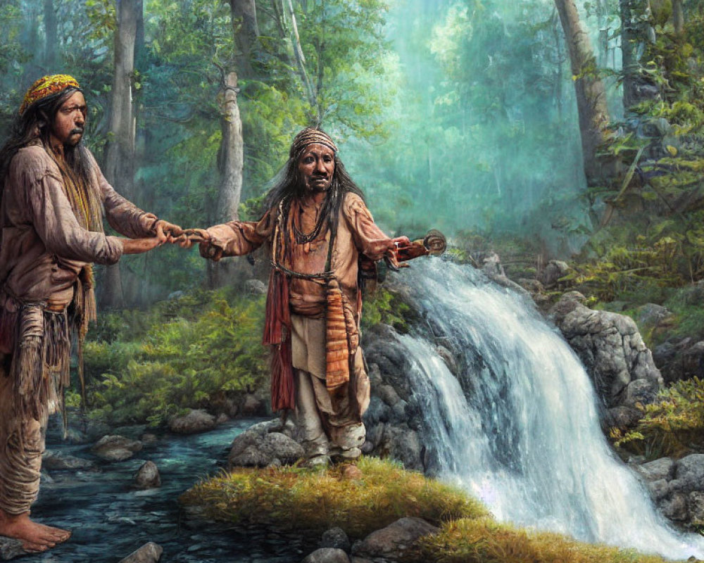 Native American individuals near forest waterfall in misty setting