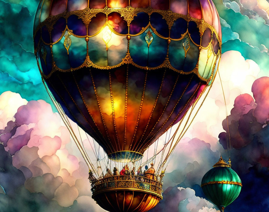 Colorful hot air balloon floats among fluffy clouds in dreamlike sky