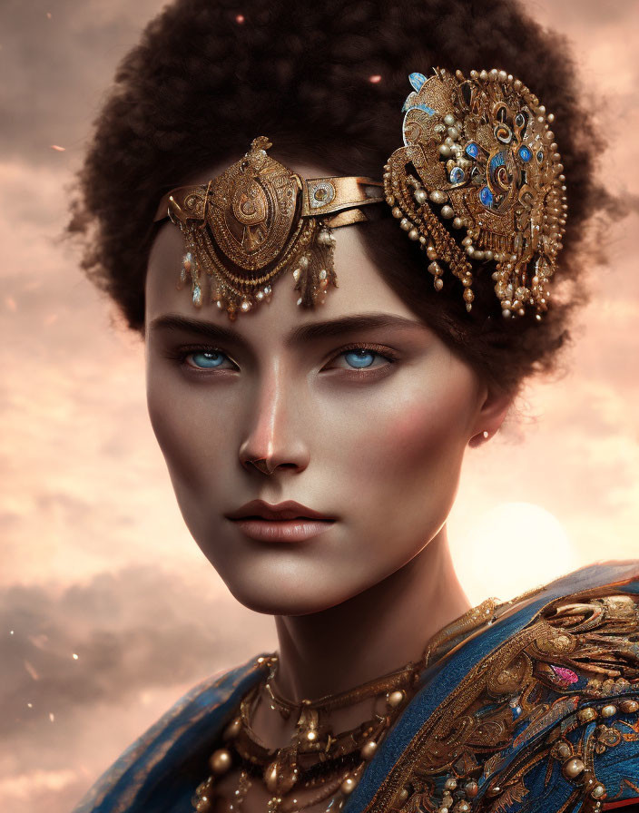 Woman portrait with golden headpiece, intricate jewelry, and blue eyes against warm sky