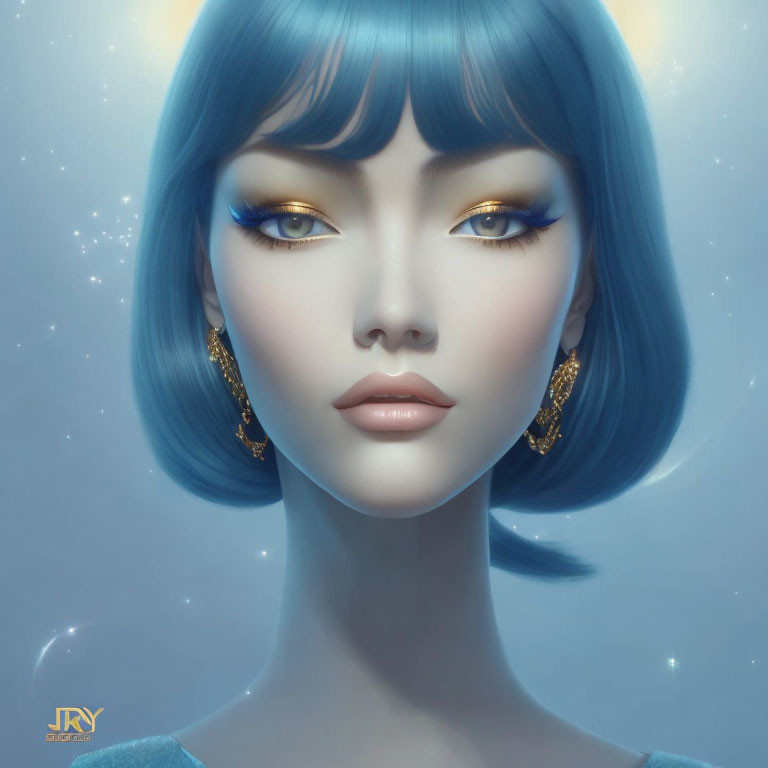 Female with Bob-Cut Blue Hair and Yellow Eyes in Digital Artwork