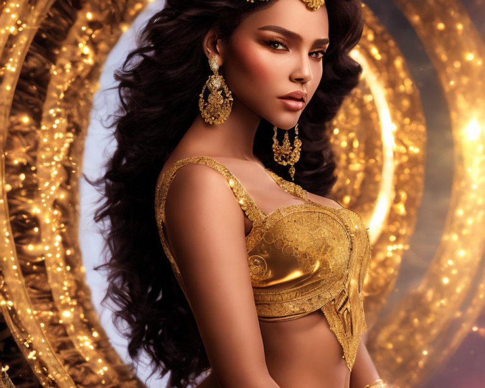 Dark-haired woman in golden crown and jewelry on glowing halo background