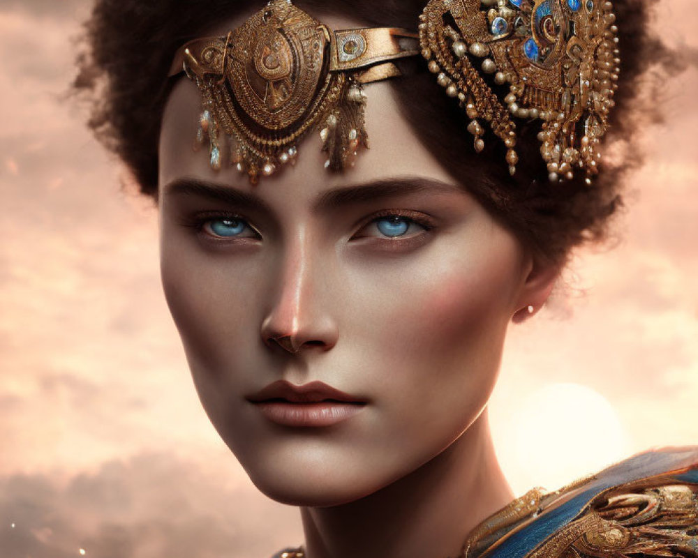Woman portrait with golden headpiece, intricate jewelry, and blue eyes against warm sky