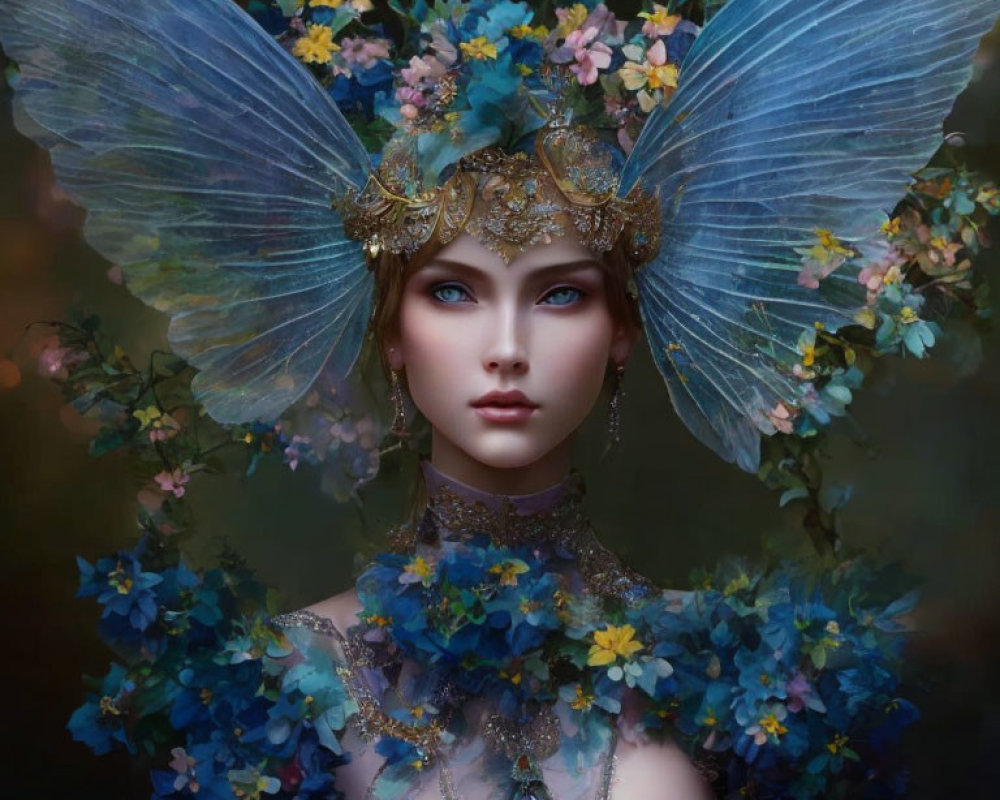 Mythical Female Creature with Blue Butterfly Wings and Floral Adornments