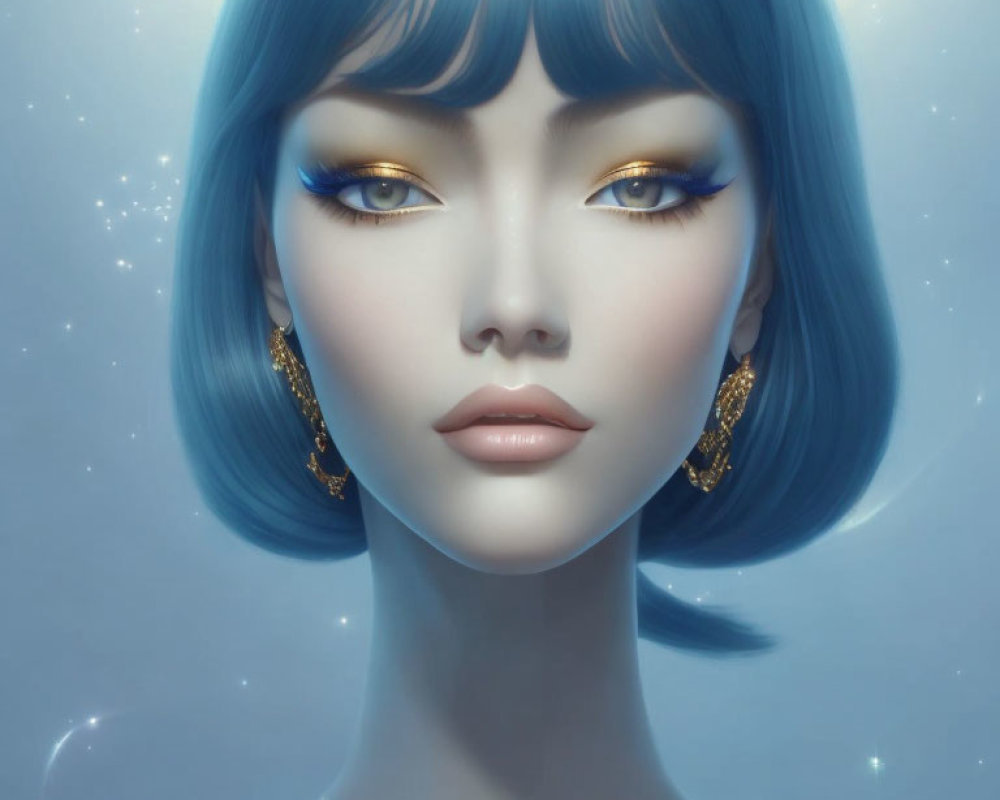 Female with Bob-Cut Blue Hair and Yellow Eyes in Digital Artwork