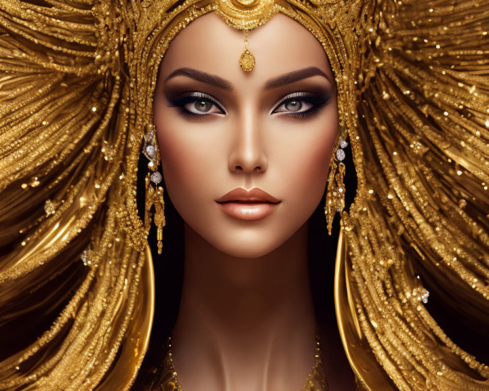 Regal Figure with Golden Headdress and Striking Makeup