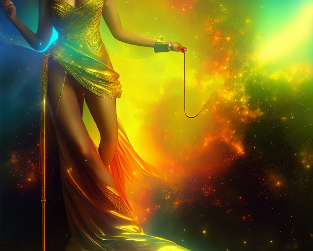 Mythological goddess in golden attire against cosmic backdrop