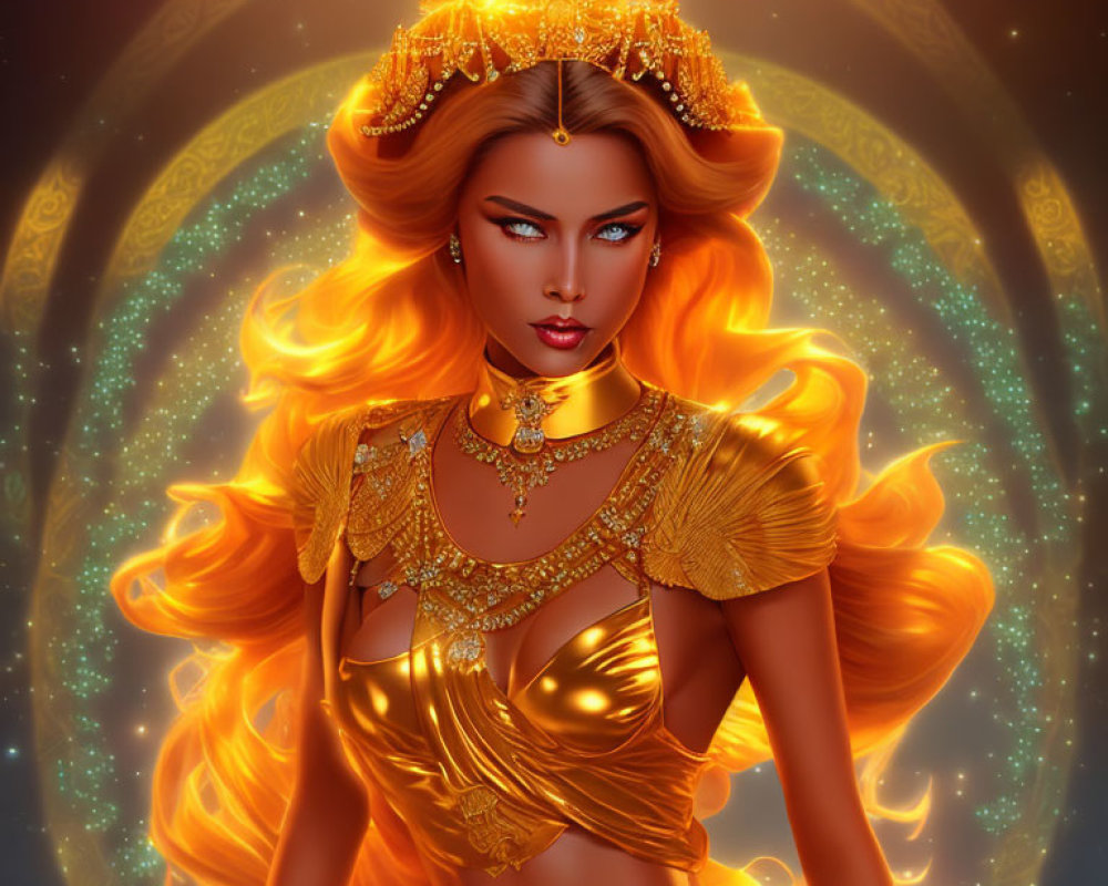 Regal woman with golden hair and crown in cosmic setting
