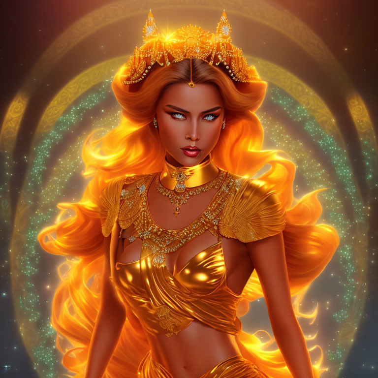 Regal woman with golden hair and crown in cosmic setting