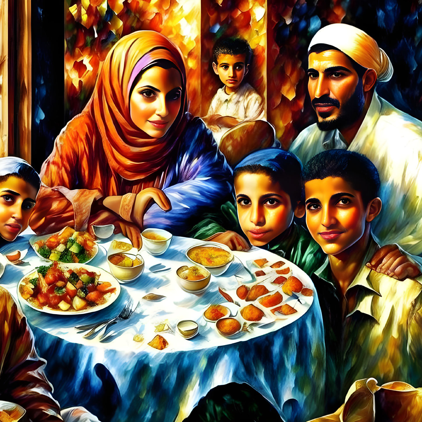 Colorful Middle Eastern family enjoying meal together in vibrant painting