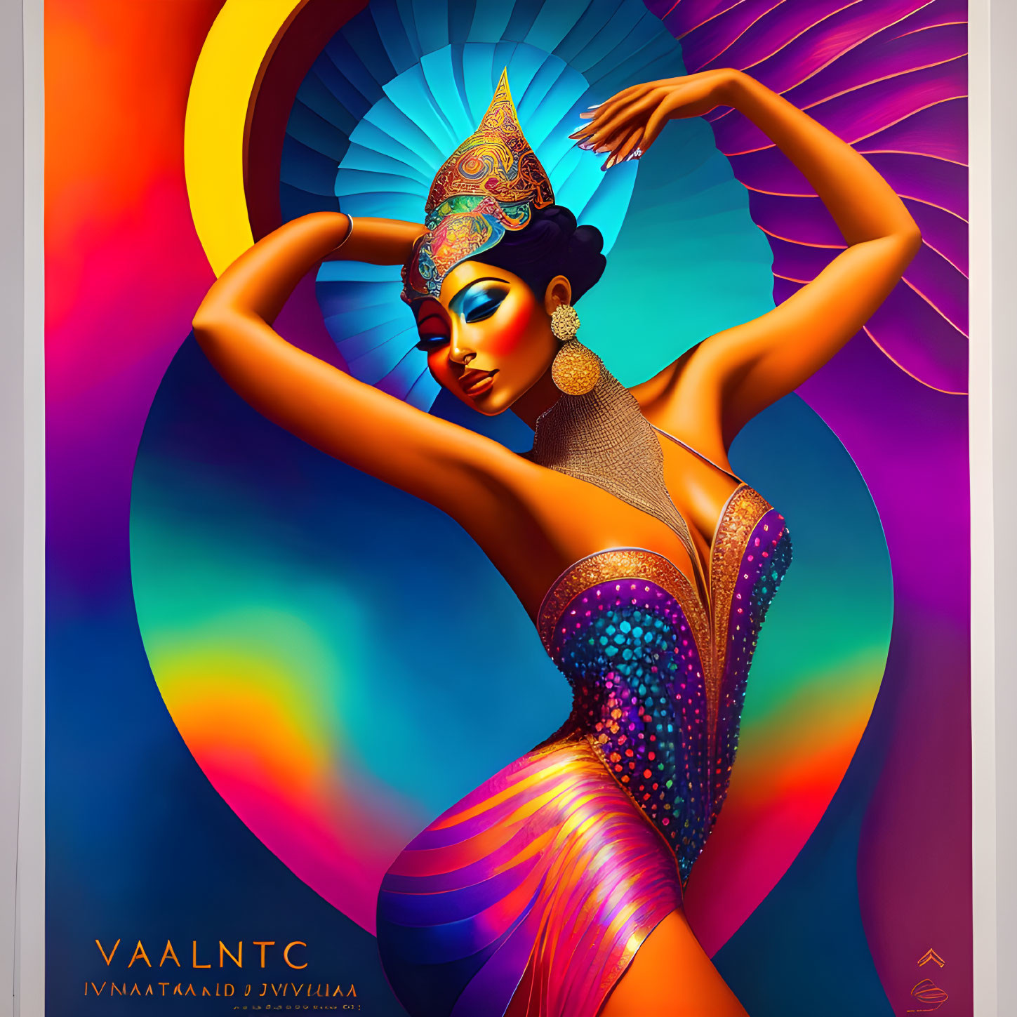 Colorful Stylized Indian Dancer Artwork with Peacock Feather Background