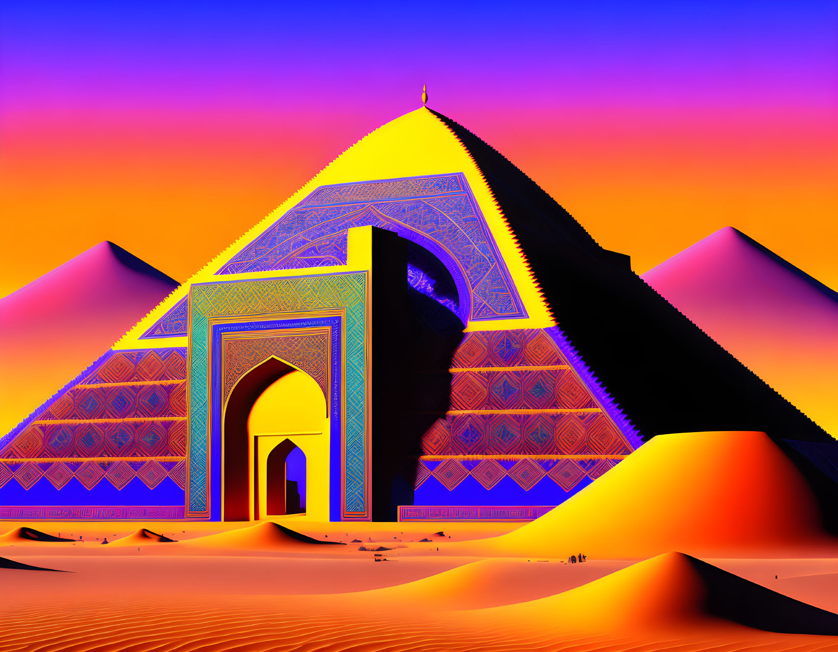 Digital art: Ornate Islamic gate with pyramids in desert landscape