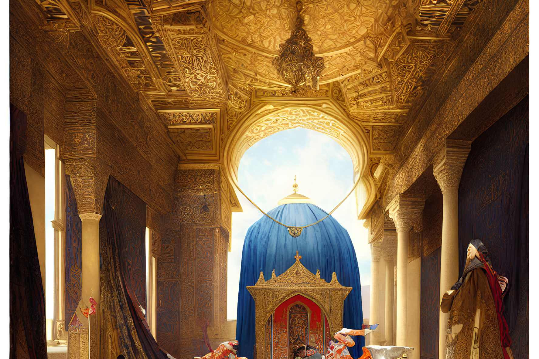 Opulent palace chamber with golden ornate ceilings and figures in traditional attire