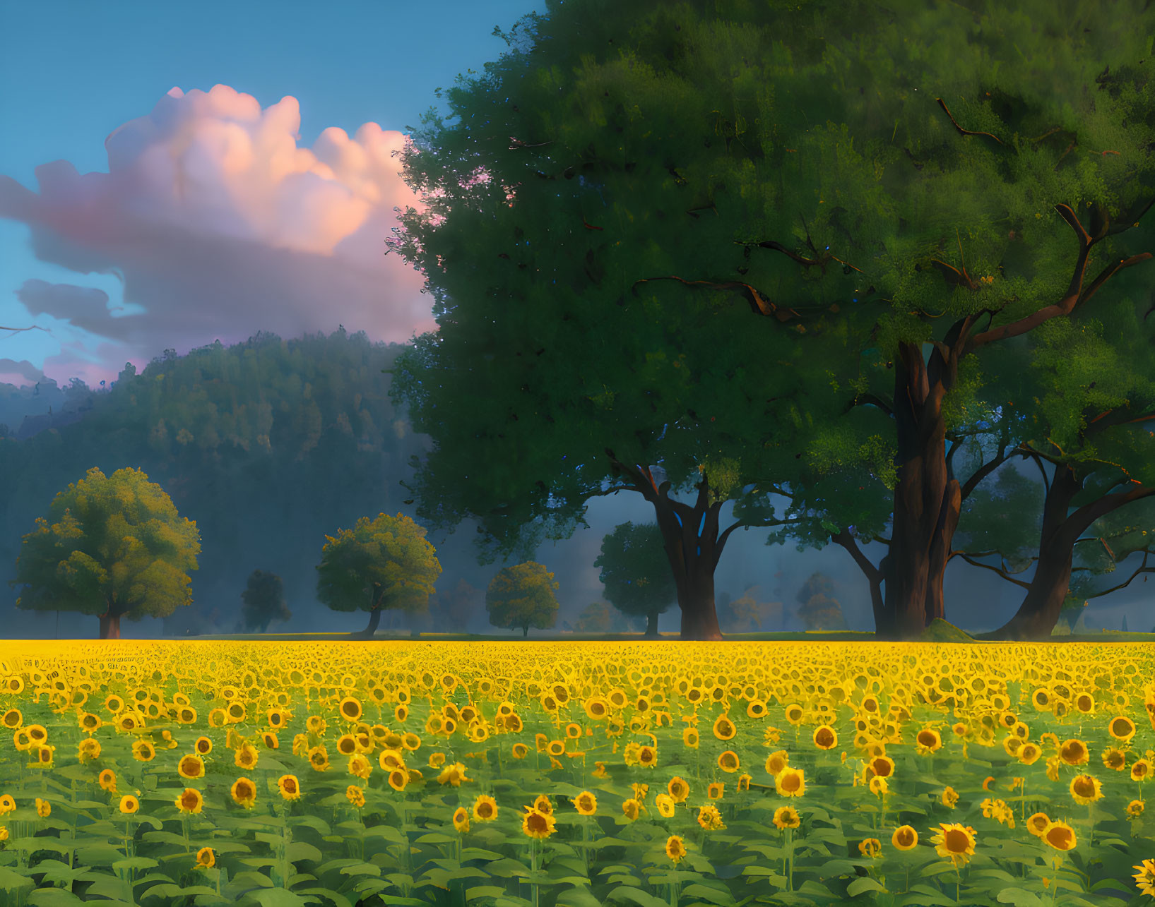 Sunflower Field at Sunrise with Trees and Hills