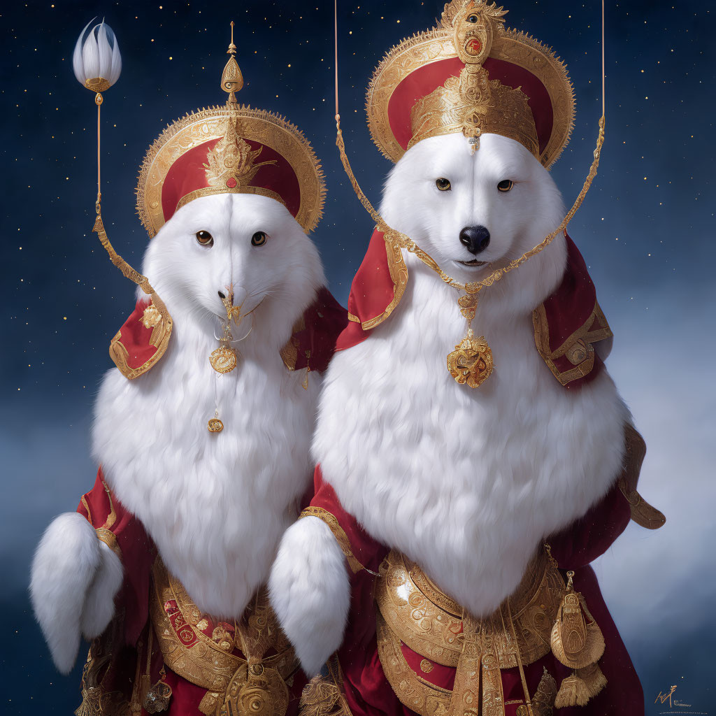 Anthropomorphic white foxes in regal attire under starry sky