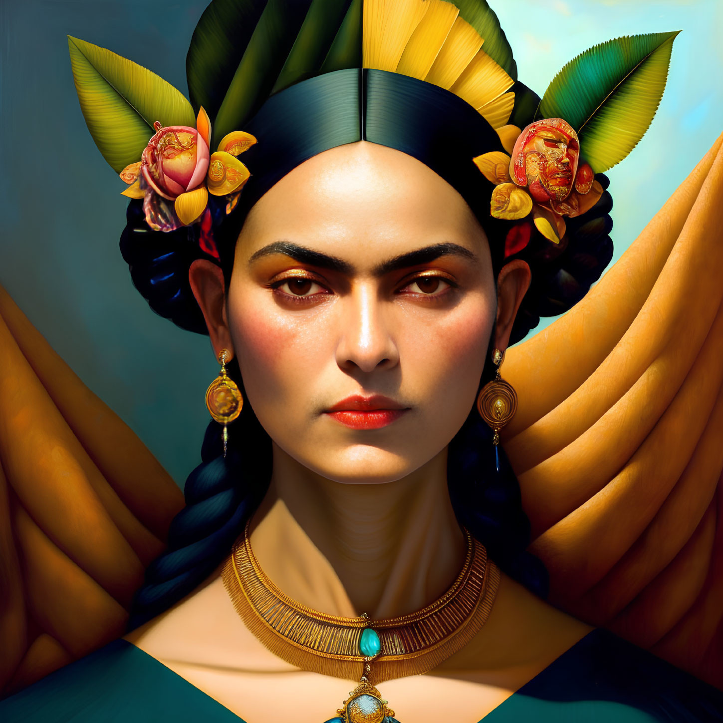 Stylized portrait of woman with unibrow, headband, flowers, large earrings, and