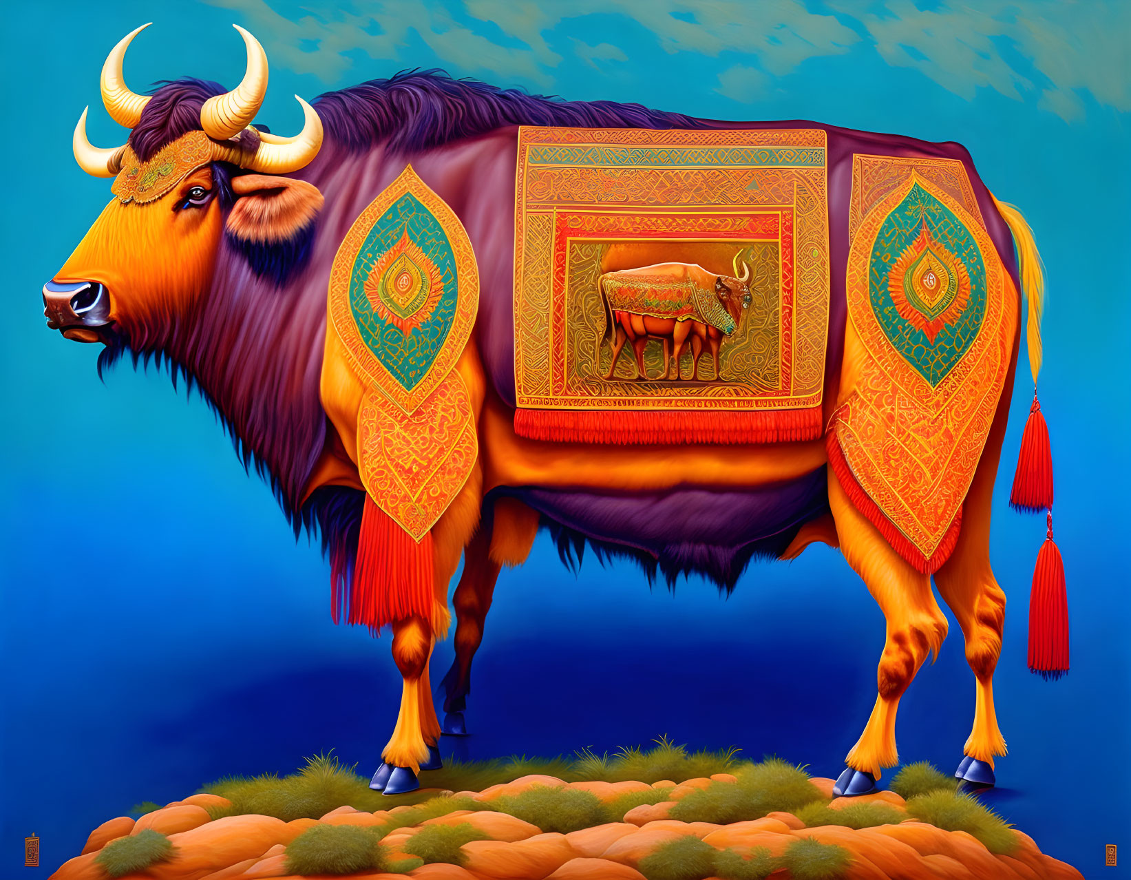 Colorful Bull Illustration with Ornate Patterns and Detailed Blanket